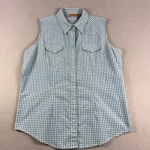 Wrangler Womens Blue Gingham Sleeveless Western Snap Shirt LRW257M Medium - Picture 2 of 4